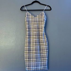 Yellow plaid body con spaghetti strapped dress